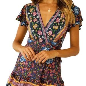 Playful Navy Floral V-Neck Dress w/ Ruffles!